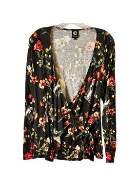 Bobeau XL Floral Wrap Style Boho Long Sleeve Top Women’s Black Multicolor